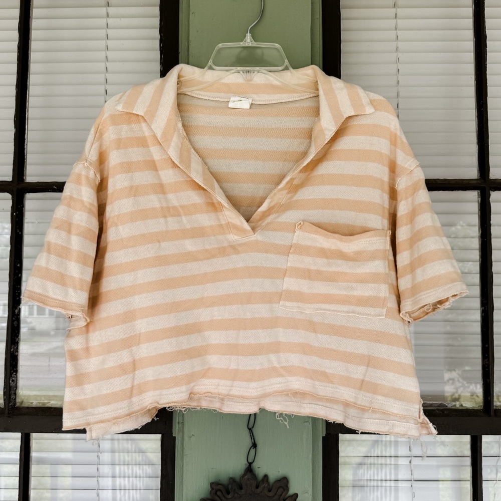 By Together Cream Striped Collared Cropped Raw Hem Line Tee Size Small